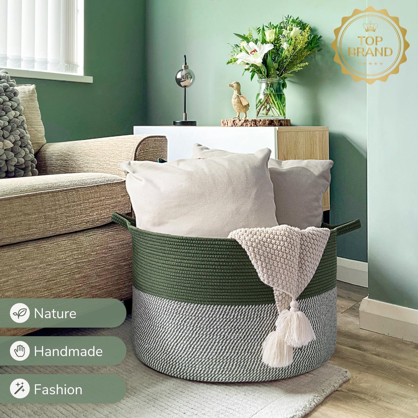 INDRESSME XXXLarge Cotton Rope Basket 21.7" x 21.7" x 13.8" Woven Baby Laundry Blanket Basket Toy Baskets with Handle Storage Comforter Cushions Thread Laundry Hamper