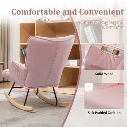 Rocking Chair for Nursery, Comfy Velvet Fabric Glider Rocker, Reading Chair with Support Seating and Side Pockets, Rocking Recliner Chair for Living Room, Bedroom, Balcony, Creamy Beige
