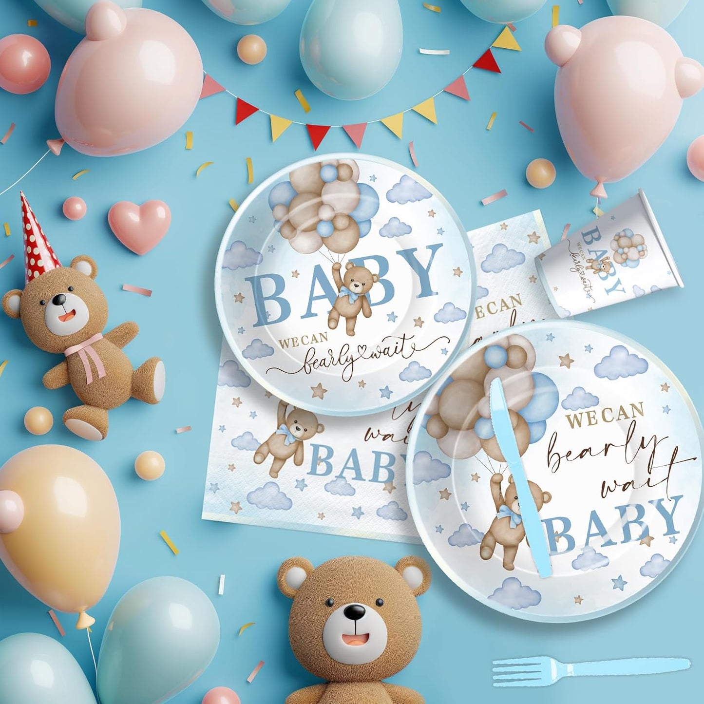 Bear Baby Shower Decorations Party Tableware Boy - Blue Bear We Can Bearly Wait Baby Shower Decorations Supplies, Paper Plates and Napkins Set, Cup, Disposable Forks, 24 Guests