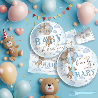 Bear Baby Shower Decorations Party Tableware Boy - Blue Bear We Can Bearly Wait Baby Shower Decorations Supplies, Paper Plates and Napkins Set, Cup, Disposable Forks, 24 Guests