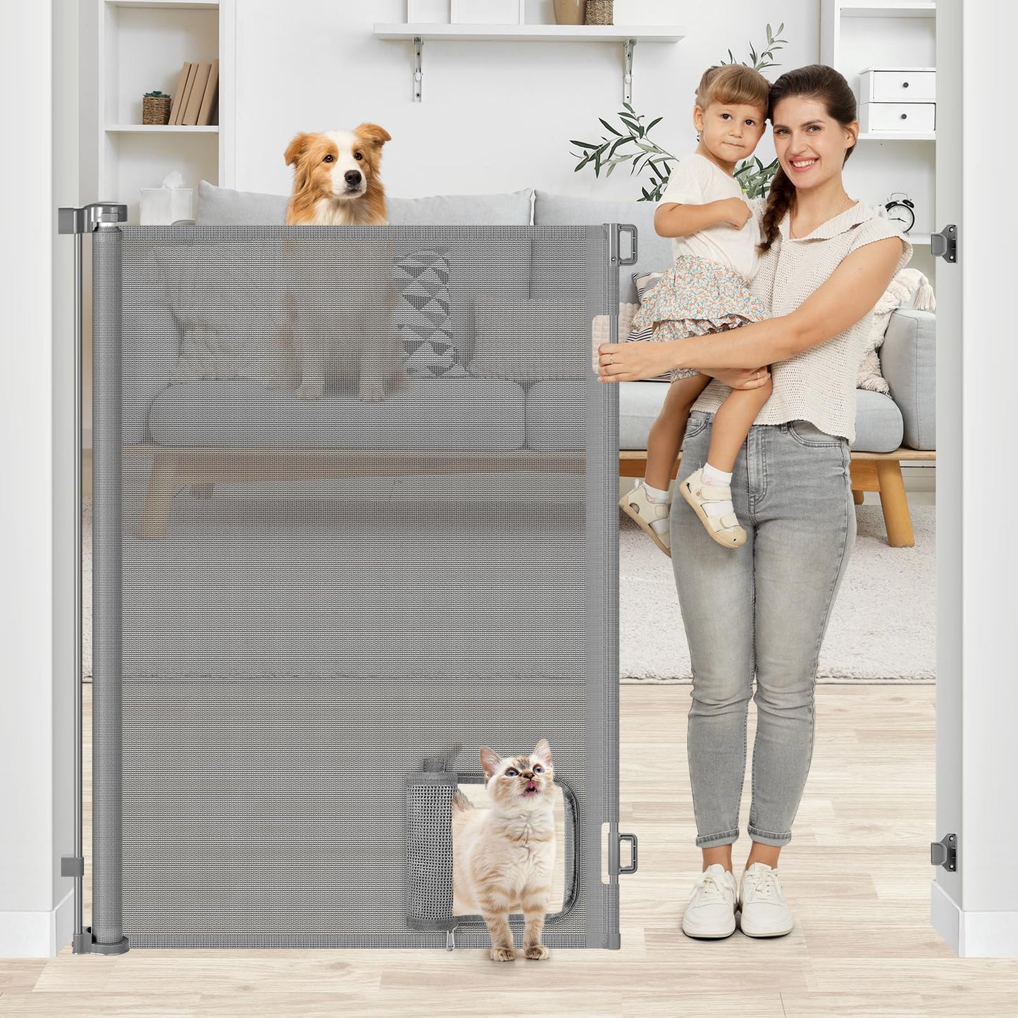 48 Inch Extra Tall Pet Gate Retractable Baby Gate with Cat Door - No Jumping Over, 55" Wide Retractable Dog Gate Indoor 4ft Extra Tall Cat Gate for Doorway Outdoor Deck Gate, White