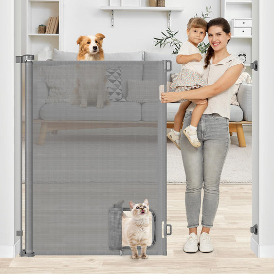 48 Inch Extra Tall Pet Gate Retractable Baby Gate with Cat Door - No Jumping Over, 55" Wide Retractable Dog Gate Indoor 4ft Extra Tall Cat Gate for Doorway Outdoor Deck Gate, White