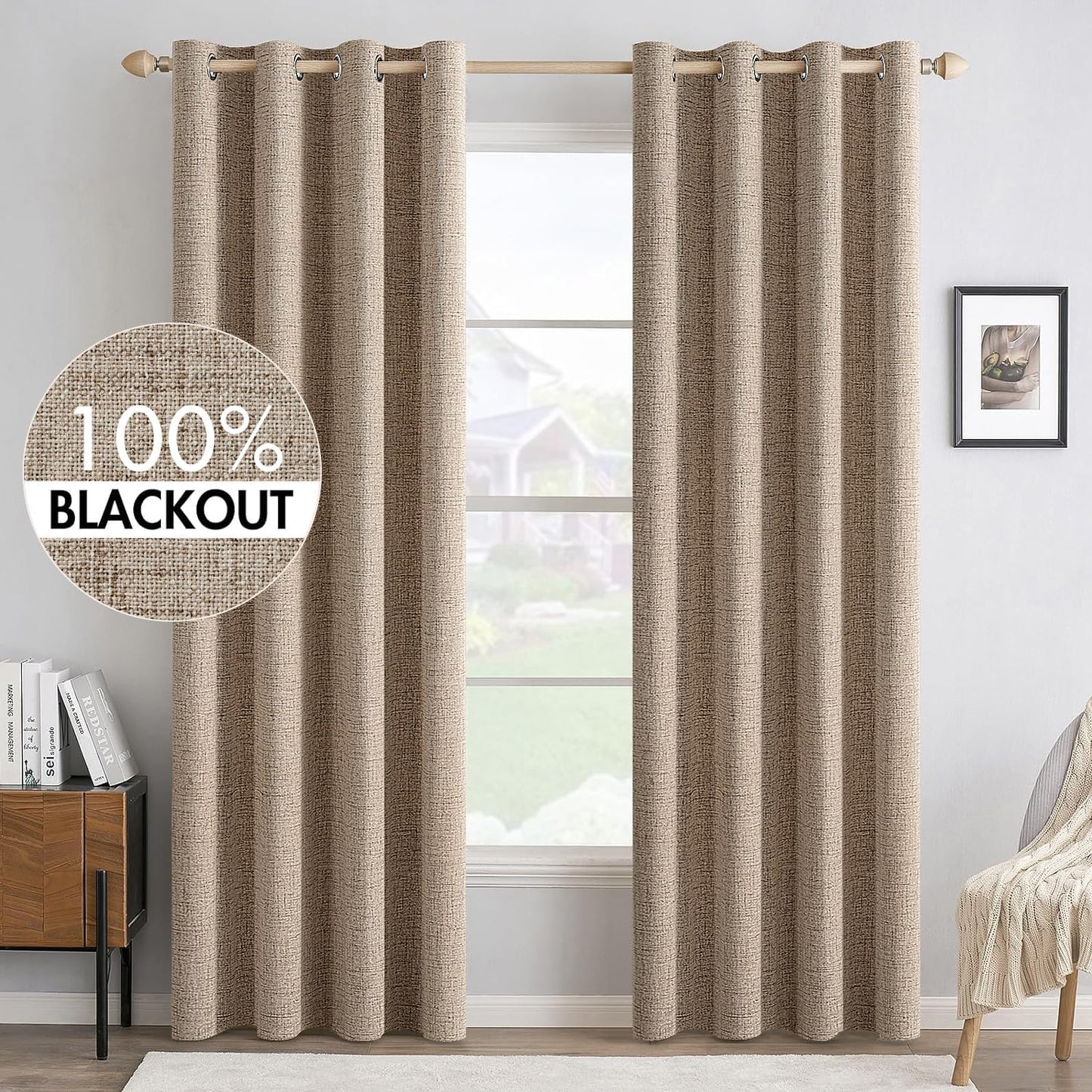 MIULEE 100% Blackout Linen Textured Curtains for Bedroom Solid Thermal Insulated Natural Beige Grommet Room Darkening Curtains & Drapes Luxury Decor for Living Room Nursery 52 x 84 Inch (2 Panels)