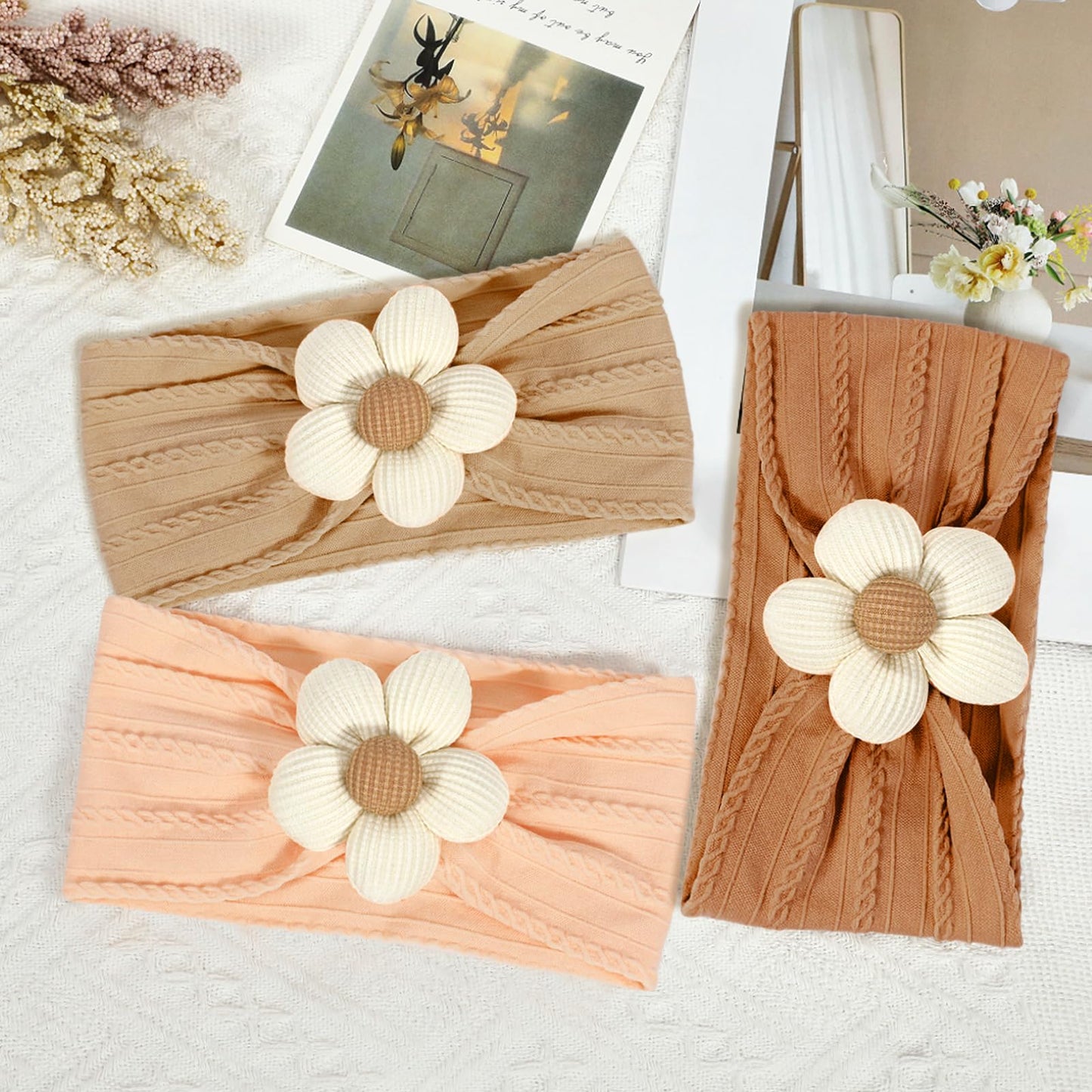 3 Pcs Baby Flower Headbands Baby Girls Nylon Headband Soft Hairbands Hair Accessories for Newborn Infant Toddler Kids (Beige Pink Khaki)