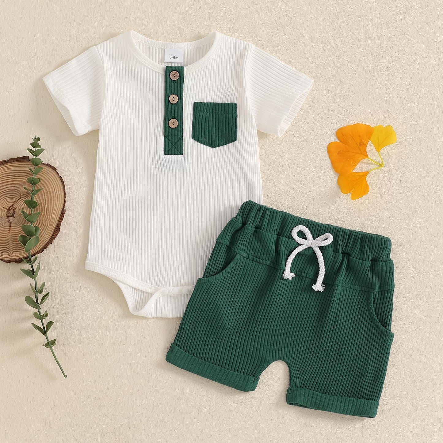 fhutpw Baby Boy Clothes Short Sleeve Romper & Shorts Sets Newborn 3 6 12 Months Summer Knitted Ribbed Splicing Color Outfits