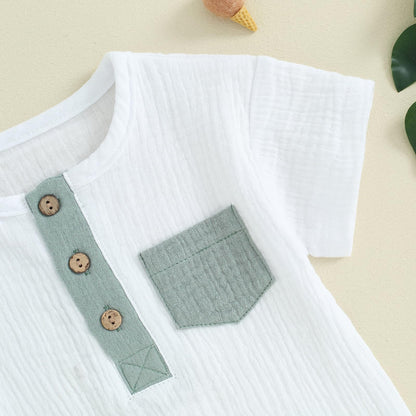 fhutpw Baby Boy Summer Outfits Henley Shirt Soft Pocket Short Sleeve Tops & Shorts Sets Infant 3 6 12 18 Months 2T Clothes