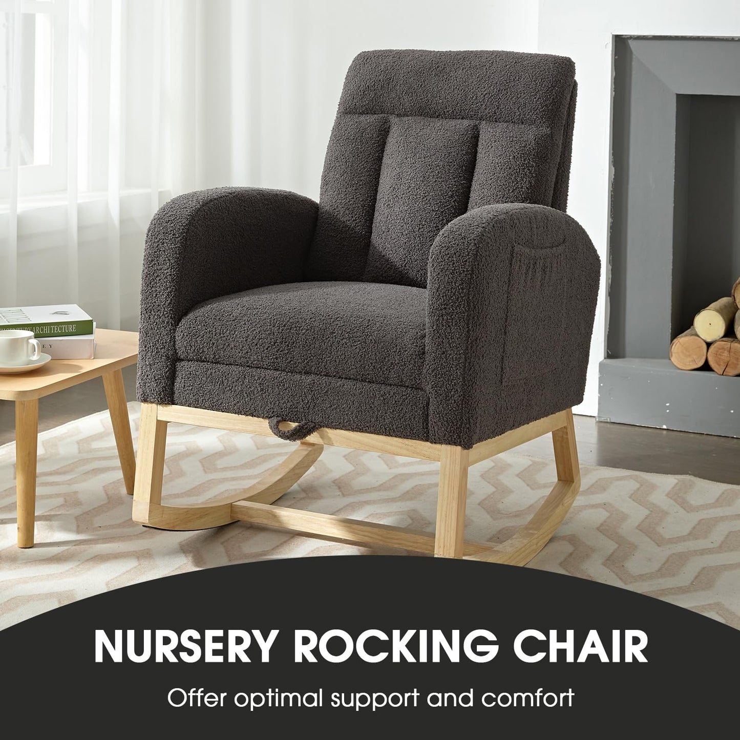 NIOIIKIT Modern Nursery Rocking Chair, Teddy Upholstered Rocking Chair with Footrest, Comfortable Glider Rocker with Side Pocket for Living Room, Bedroom, Nursing Room (Beige)