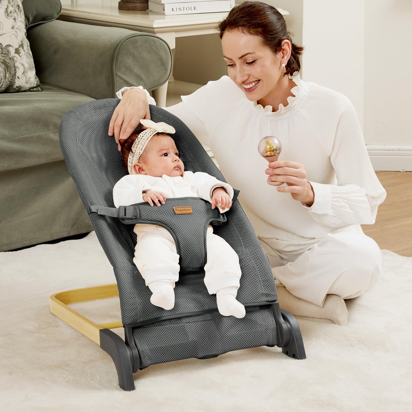Foldable Baby Bouncer, Baby Seat with 3 Adjustable Heights, Portable Newborn Rocker, Ergonomic Bouncy Seat for Natural Bounce, Bouncer for Babies 0-6 Months, Soft Cotton (Beige)