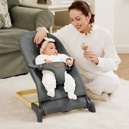 Foldable Baby Bouncer, Baby Seat with 3 Adjustable Heights, Portable Newborn Rocker, Ergonomic Bouncy Seat for Natural Bounce, Bouncer for Babies 0-6 Months, Soft Cotton (Beige)