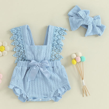 Newborn Baby Girl Lace Romper Ruffle Sleeveless Backless One Piece Jumpsuit Bodysuit with Headband Summer Clothes