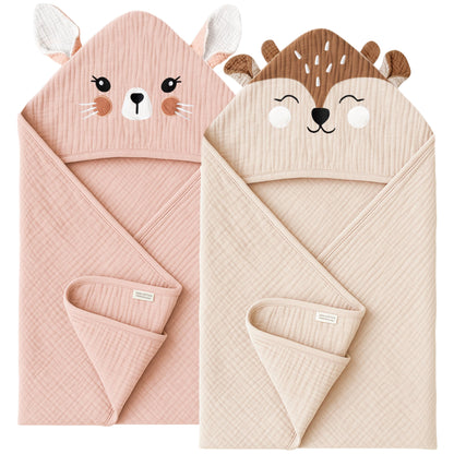 Konssy 2-Pack Muslin Baby Hooded Towels, Soft Cotton and Absorbent Baby Bath Towels for Newborn, Infant & Toddler with Animal Hooded Design (Bunny & Deer)