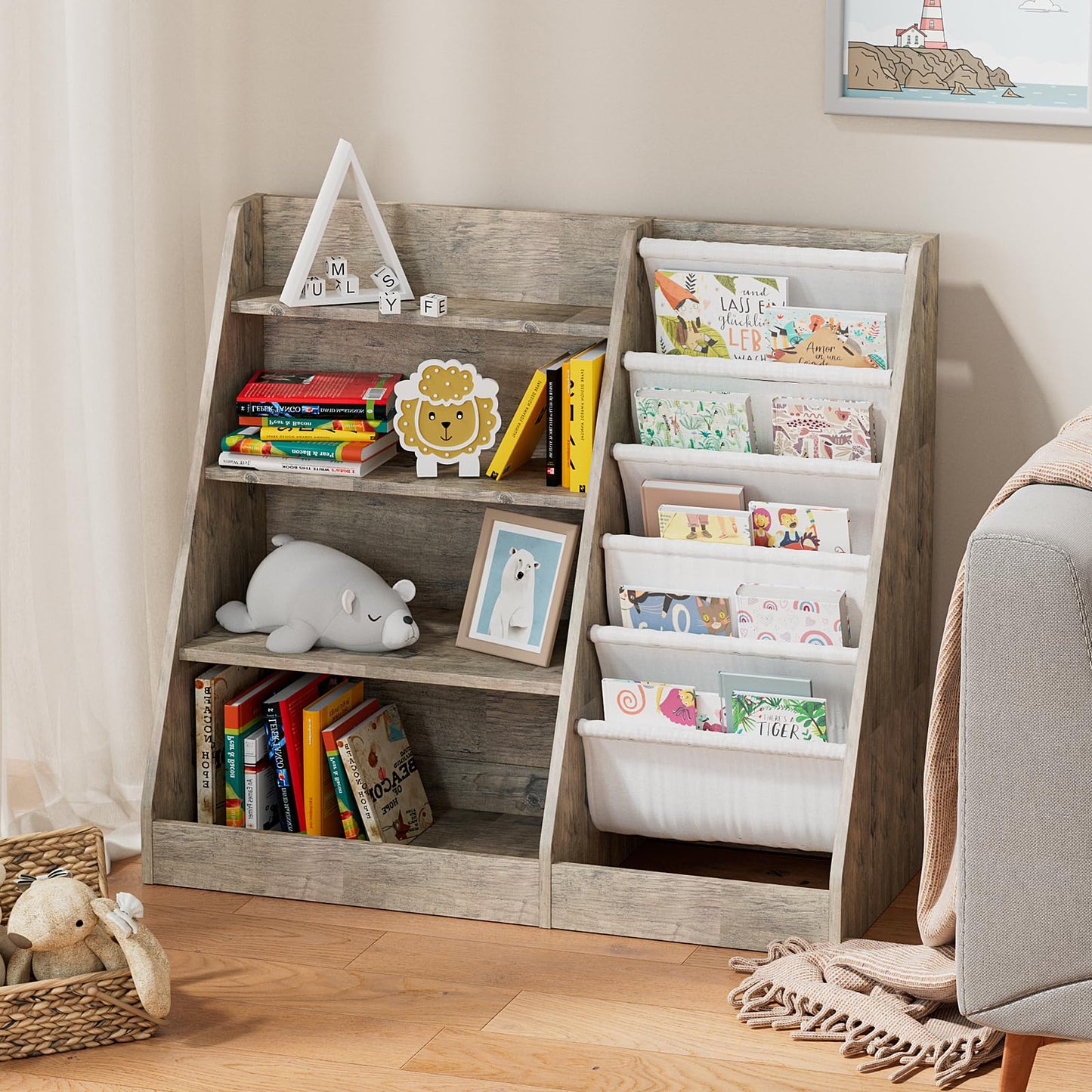 White Kids Bookshelf Wood Toy Storage Organizer Cabinet Children Bookcase Toddler Baby Sling Book Rack 3 Cube Bins Fabric Drawers for Playroom Bedroom Nursery School
