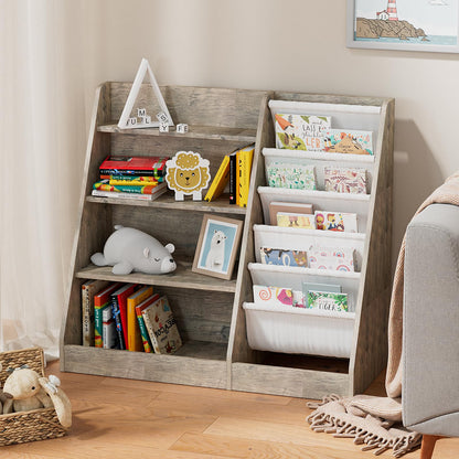 White Kids Bookshelf Wood Toy Storage Organizer Cabinet Children Bookcase Toddler Baby Sling Book Rack 3 Cube Bins Fabric Drawers for Playroom Bedroom Nursery School