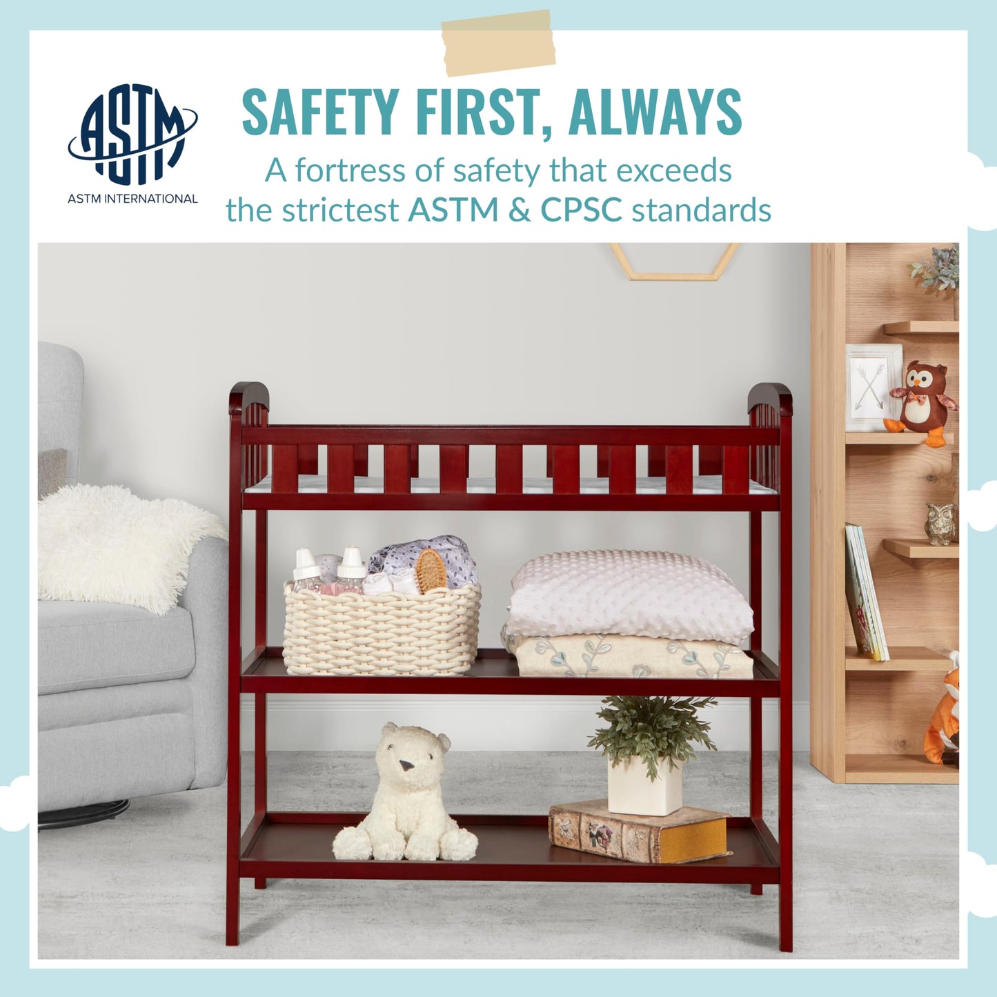 Dream On Me Emily Changing Table In Natural, Comes With 1" Changing Pad, Features Two Shelves, Portable Changing Station, Made Of Sustainable New Zealand Pinewood