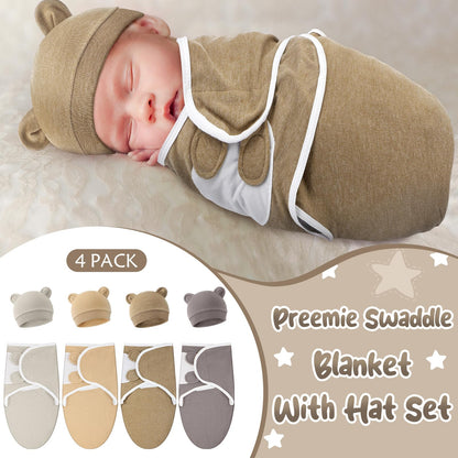 Buryeah 4 Pack Preemie Swaddle Blanket Wrap Set with Hat for Baby Boys Girls 3-7 Lbs Preemie Newborn Clothes Sleepers Cap