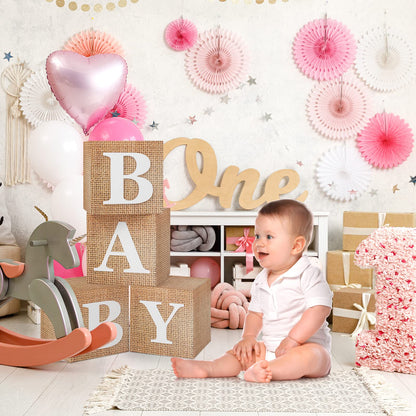 RUBFAC Sage Green Baby Boxes with Letters for Baby Shower, 4pcs Safari Baby Shower Decorations for Boy Girl Balloon Boxes Gender Reveal Birthday Party Favors