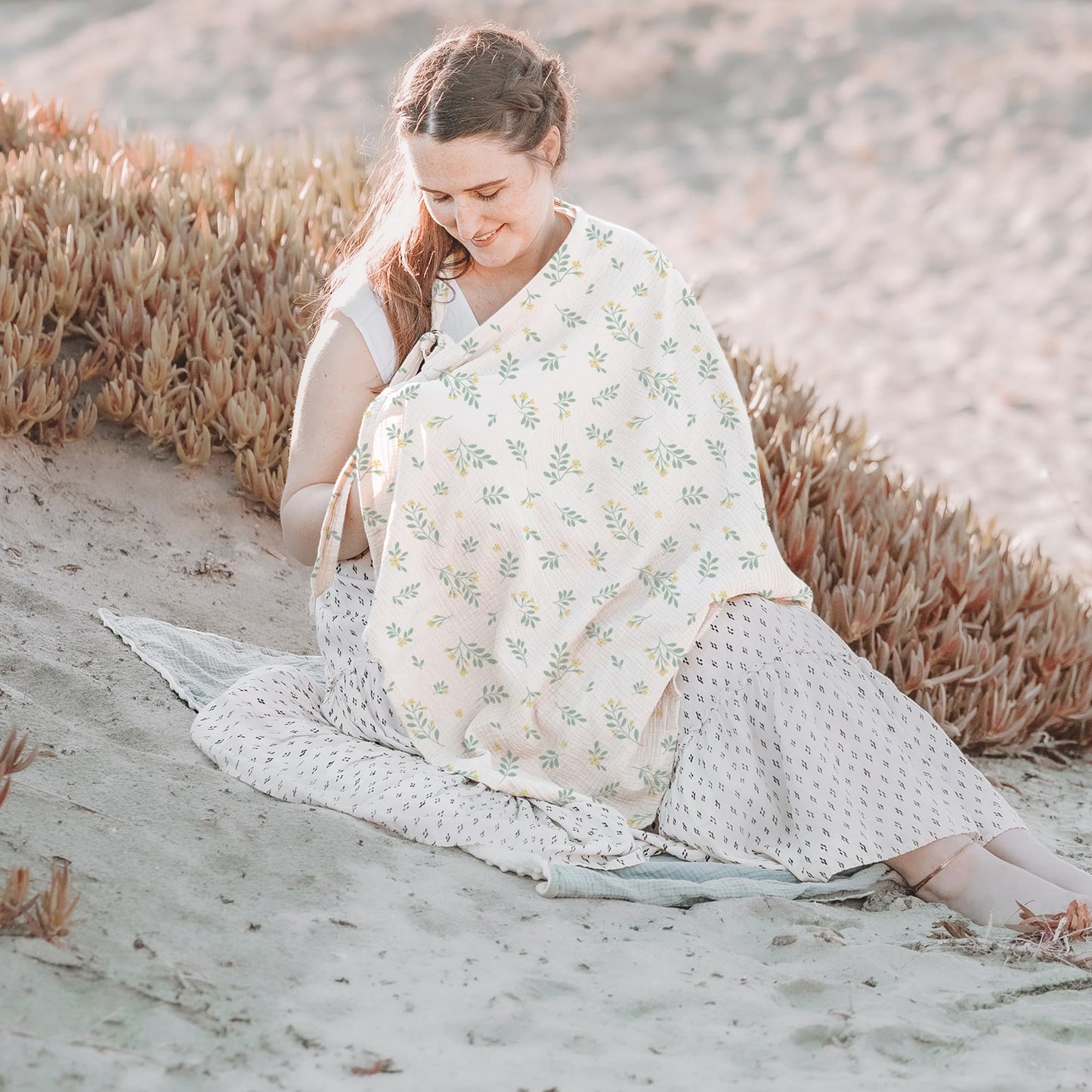 Konssy Muslin Nursing Cover for Baby Breastfeeding, Breathable 100% Cotton Breastfeeding Cover with Rigid Hoop for Mother Nursing Apron, Multi-use Carseat Canopy (Summer Wheat)