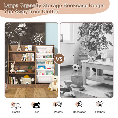 White Kids Bookshelf Wood Toy Storage Organizer Cabinet Children Bookcase Toddler Baby Sling Book Rack 3 Cube Bins Fabric Drawers for Playroom Bedroom Nursery School