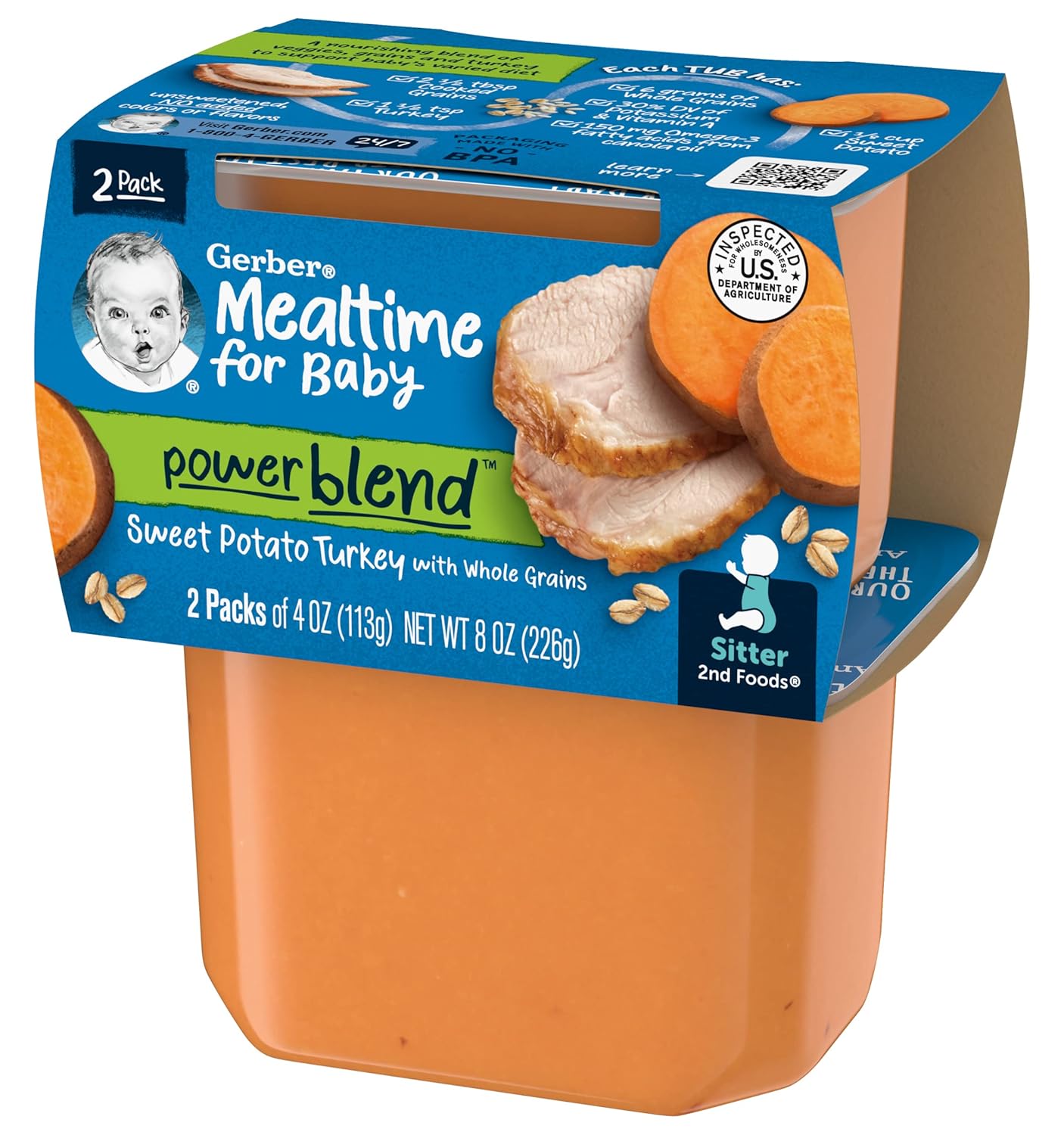 Gerber Mealtime for Baby 2nd Foods Power Blend Baby Food Tubs, Sweet Potato Turkey with Whole Grains, Pureed Baby Food, 2-4 Ounce Tubs/Pack (Pack of 2)