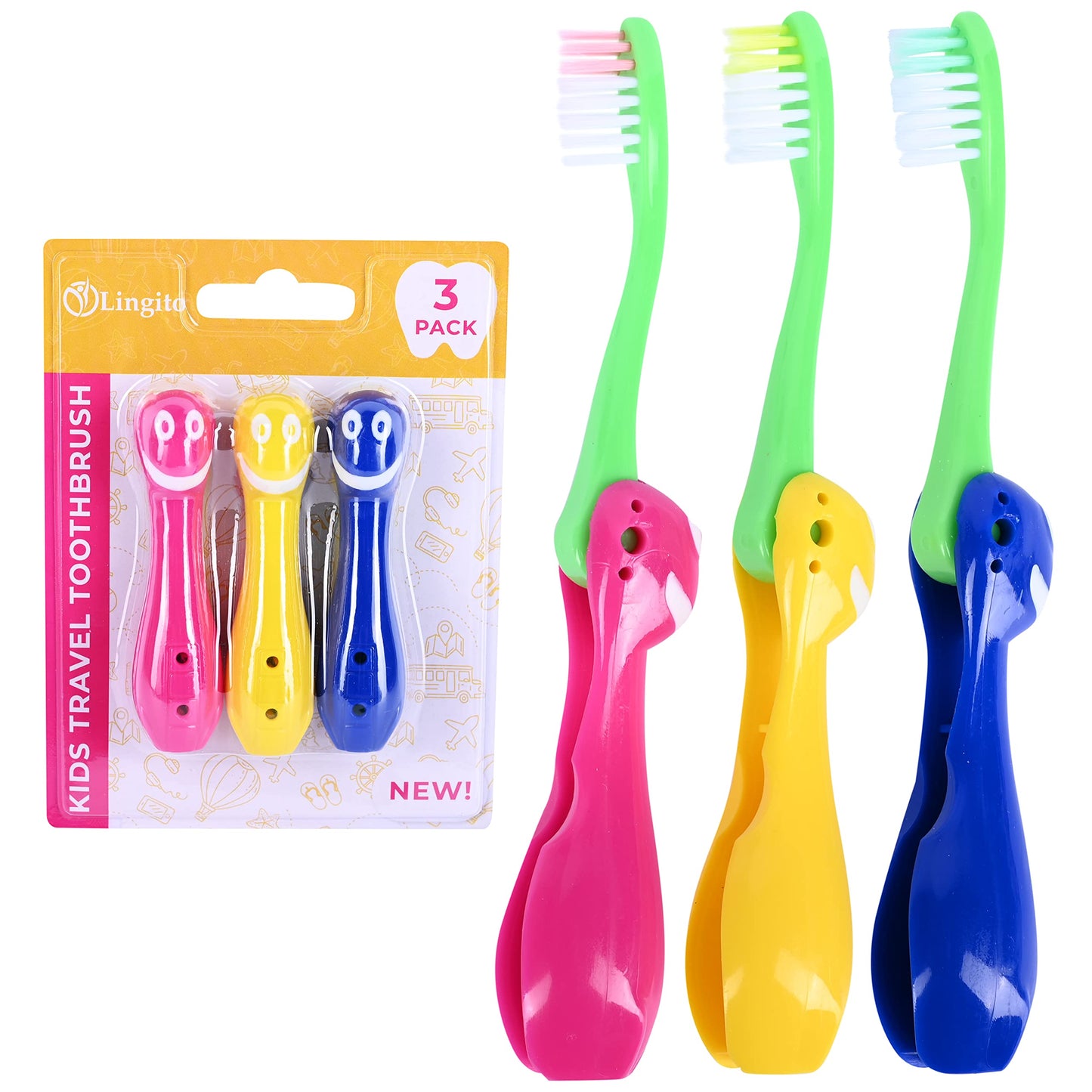 Kids' Soft Toddler Toothbrush, Gentle Bristles for Home, School, Camp, Sleepovers - Folding Handles for Tiny Hands (3 Pack)