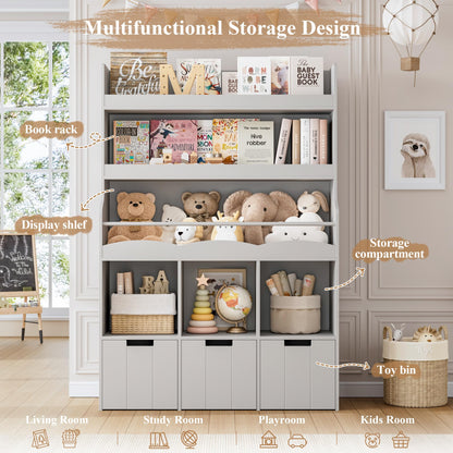 HITHOS 55.3" H Kids Bookshelf with Toy Storage Organizer, Tall Book Shelf with 3 Movable Toy Storage Bins, Large Kids Bookcase with Toy Chest, 39.2" W Modern Toy Box for Kids Room, Playroom, White