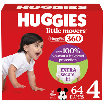 Huggies Size 4 Baby Diapers, Little Movers HuggFit 360° Baby Diapers with 360° Waistband, Size 4 (22-37 lbs), 144 Count, Packaging May Vary