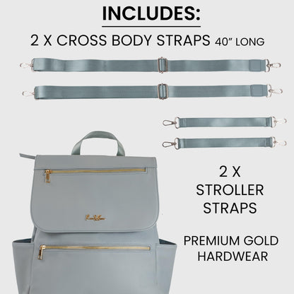 Premium Vegan Leather Diaper Bag Backpack – Large Designer Baby Bag, Stylish Diaper Backpack with Stroller & Crossbody Straps & Multiple Compartments (Powder Blue)