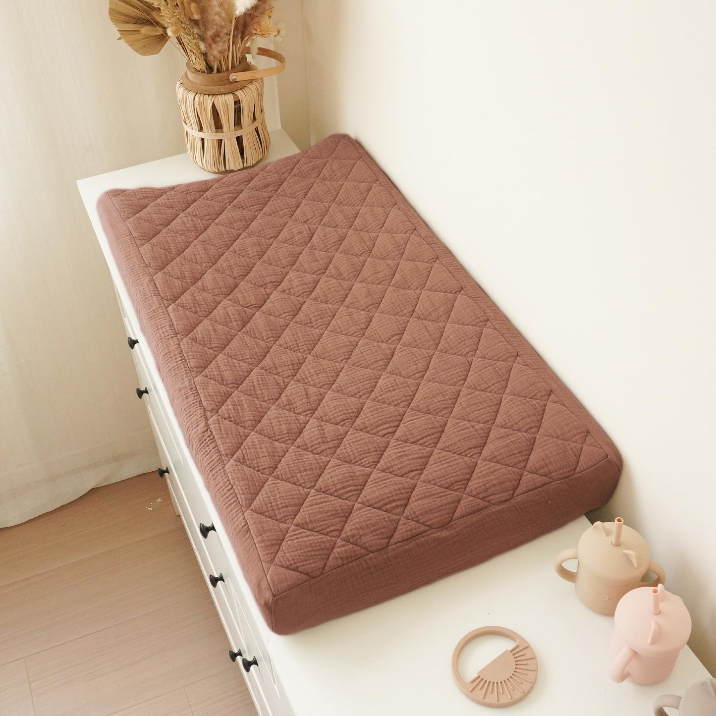 Konssy Waterproof Muslin Changing Pad Cover 2 Pack, Quilted Cotton Fitted Diaper Chang Table Cover, Soft Changing Pad Sheets for Girls Boys (Blossom,Pink)
