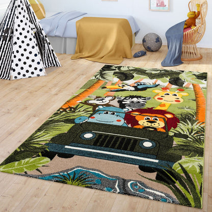 Kids Rug with Cute Animals on a Hot Air Balloon Ride in Pastel, Size: 2'8" x 4'11"