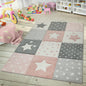 Paco Home Kids Rug for Nursery Checkered with Dots & Stars in Blue White Grey, Size: 3'11" Round