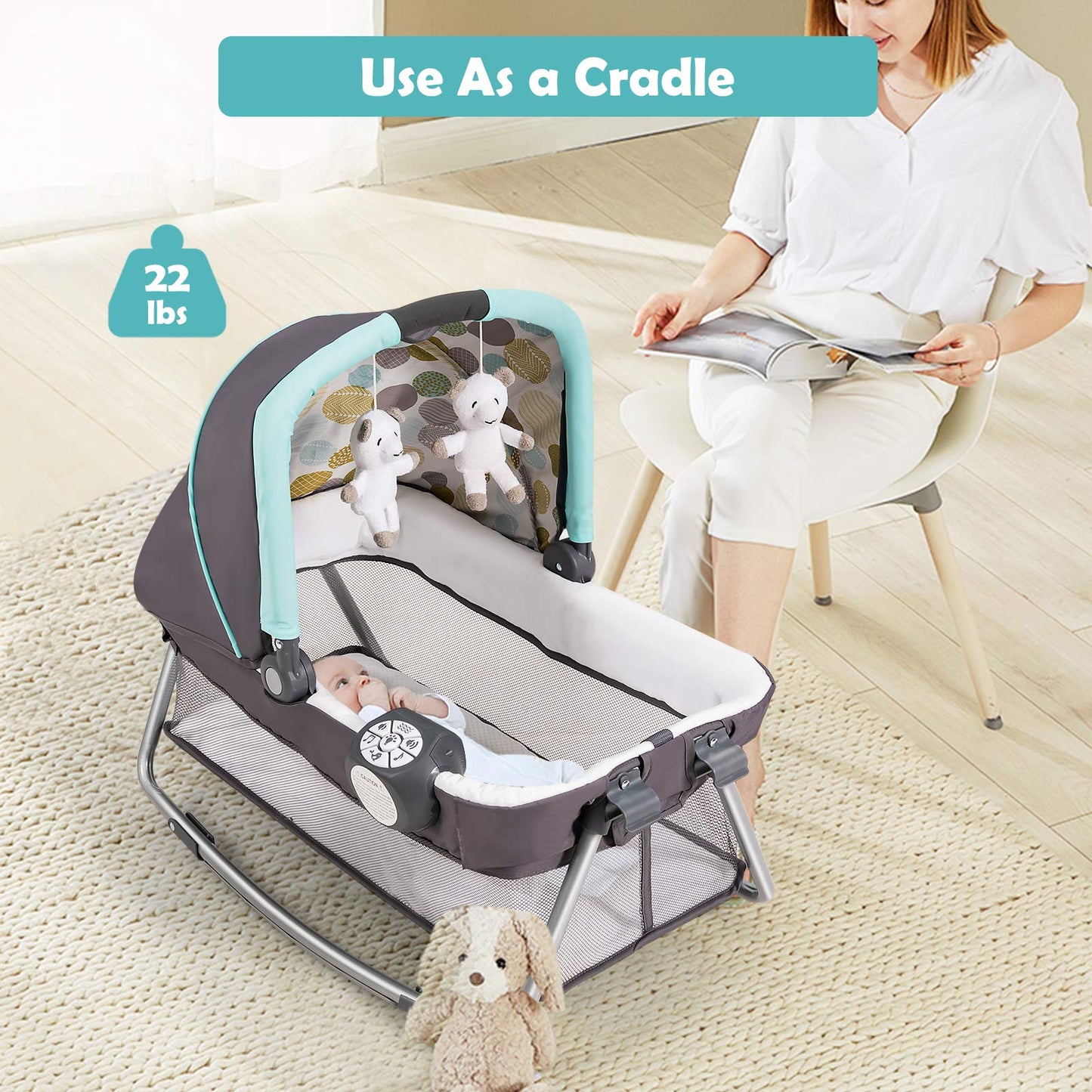 BABY JOY 5 in 1 Pack and Play, Portable Baby Playard w/Bassinet & Diaper Changing Table, Infant Pink Bassinet Crib with Toys & Music & Oxford Bag for Baby Girl Toddlers (Pink + Purple, Starry Sky)