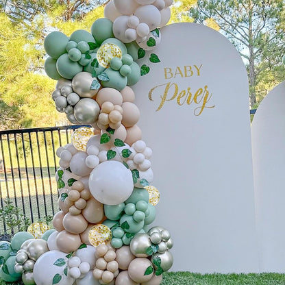 Sage Green Pink Balloon Arch Kit, Olive Green Light Pink Sand White Blush Metallic Gold Balloons with Gold Confetti Balloons for Girl Birthday Woodland Baby Shower Jungle Safari Decorations