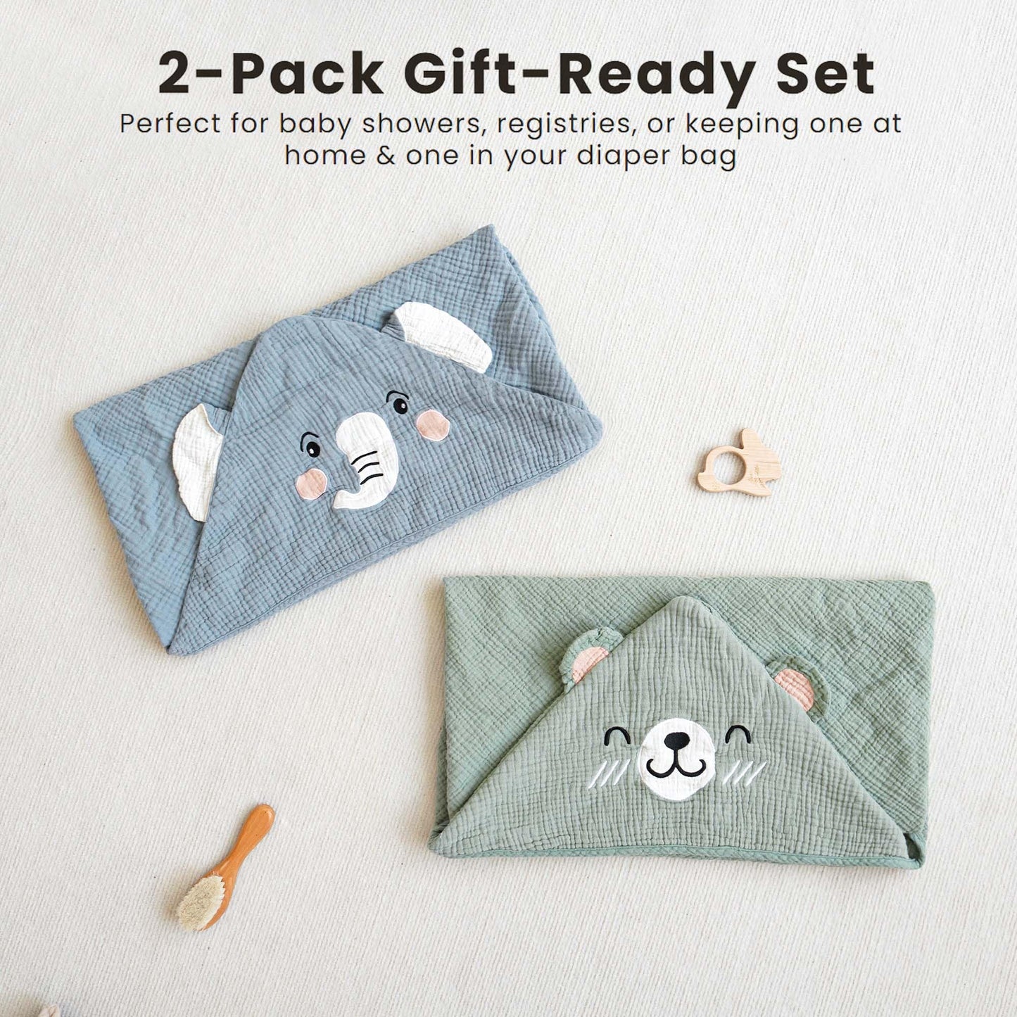 Konssy 2-Pack Muslin Baby Hooded Towels, Soft Cotton and Absorbent Baby Bath Towels for Newborn, Infant & Toddler with Animal Hooded Design (Bunny & Deer)