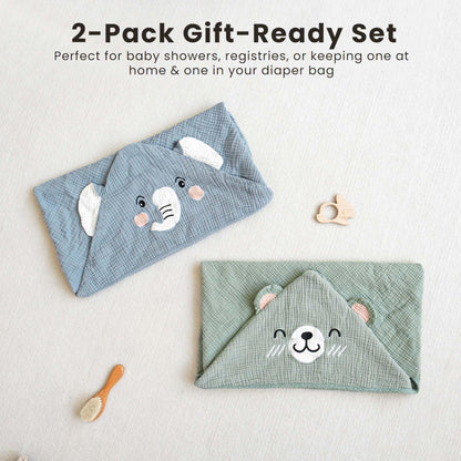 Konssy 2-Pack Muslin Baby Hooded Towels, Soft Cotton and Absorbent Baby Bath Towels for Newborn, Infant & Toddler with Animal Hooded Design (Bunny & Deer)