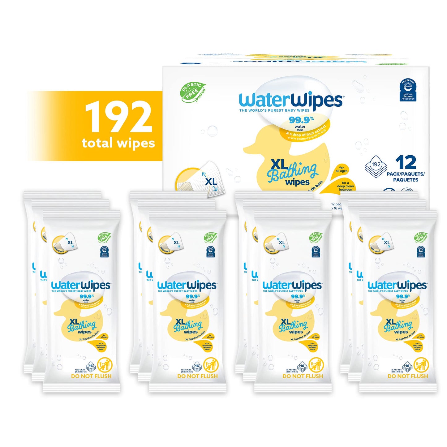 WaterWipes XL Bathing Wipes for Toddlers & Babies, 99.9% Water, 3-In-1 Cleans, Cares, Protects, Unscented & Hypoallergenic, 192 Count (12 Packs), Packaging May Vary
