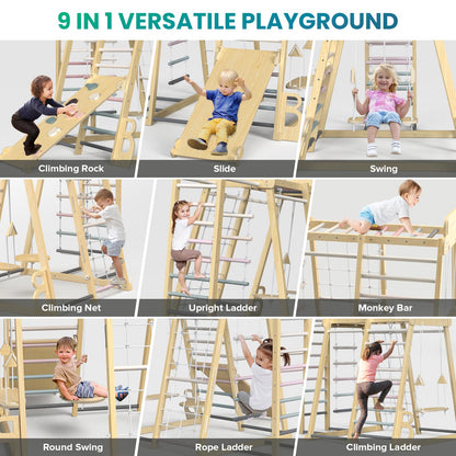 Upgraded Indoor Playground 9-in-1 Jungle Gym Kids Climbing Toys, Montessori Philosophy Waldorf Style Wooden Climber Playset with Slide, Swing, Monkey Bars, Upright/Rope Ladder, Climb Net, Rainbow