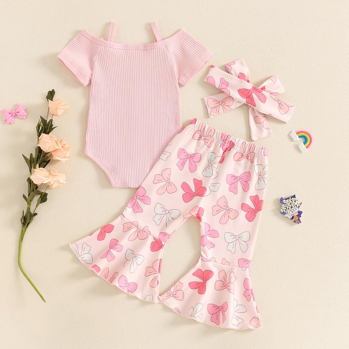 Fernvia Infant Baby Girl Clothes Suspenders Short Sleeve Ribbed Romper Flared Pants Set Headband 3pcs Summer Outfit