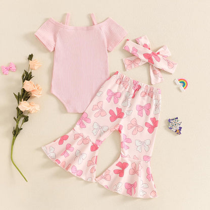 Fernvia Infant Baby Girl Clothes Suspenders Short Sleeve Ribbed Romper Flared Pants Set Headband 3pcs Summer Outfit