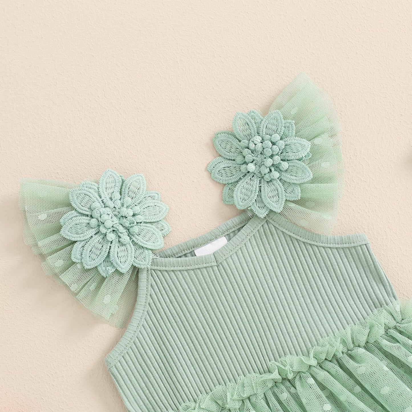 Hnyenmcko Newborn Baby Girl Summer Romper Dress Infant Fly Sleeve Flower Embroidery Mesh Tulle Skirt Hem Ribbed Bodysuit