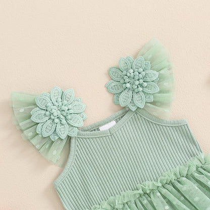 Hnyenmcko Newborn Baby Girl Summer Romper Dress Infant Fly Sleeve Flower Embroidery Mesh Tulle Skirt Hem Ribbed Bodysuit