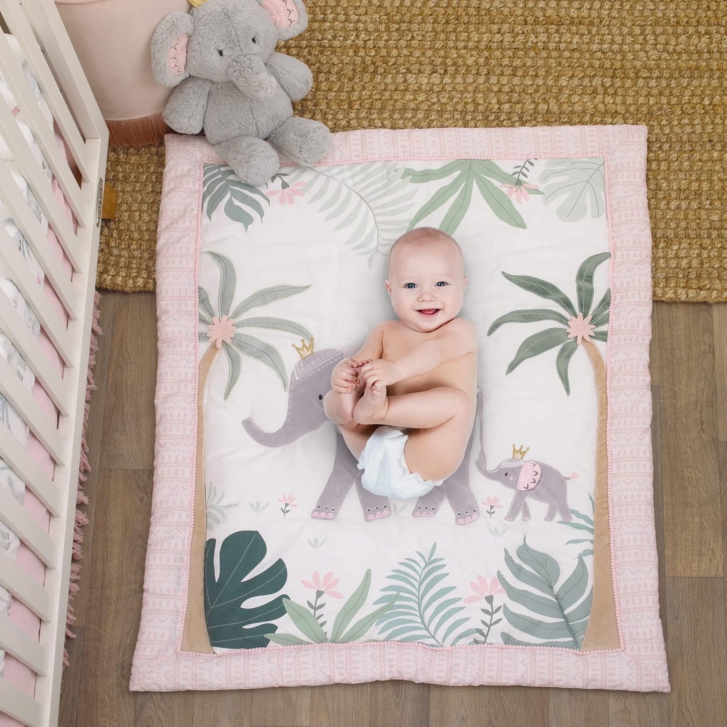 NoJo Tropical Princess Elephant/Jungle Pink and Green 4 Piece Crib Bedding Set - Comforter, Fitted Crib Sheet, Dust Ruffle and Storage
