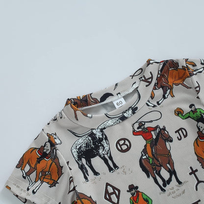 Gueuusu Country Baby Clothes Boy Girl Western Cow Print Short Sleeve Romper Bodysuit Ribbed One Piece Jumpsuit Summer Outfit