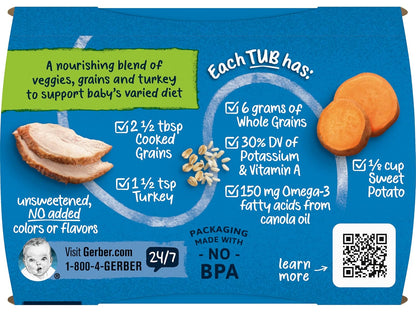 Gerber Mealtime for Baby 2nd Foods Power Blend Baby Food Tubs, Sweet Potato Turkey with Whole Grains, Pureed Baby Food, 2-4 Ounce Tubs/Pack (Pack of 2)