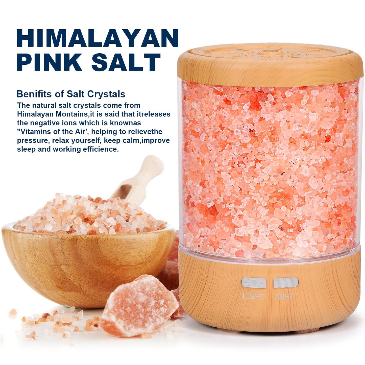 Essential Oil Diffuser Aromatherapy Diffuser - Himalayan Pink Salt Crystal Diffusers for Essential Oils with 7 Color Lights 2 Mist Mode, Reduce Noise Design for Baby Room, Yellow
