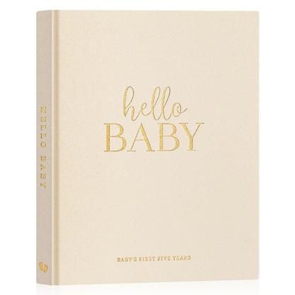 Lanpn Hello Baby First 5 Year Memory Book for Boy Girl - Linen Hardcover Baby Book Keepsake for New Parents - Newborn Baby Journal Scrapbook Photo Album Baby Milestone Book (Beige, 154 Pages)