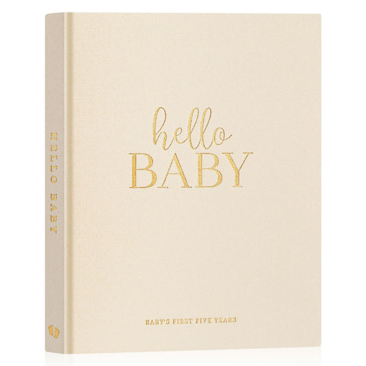 Lanpn Hello Baby First 5 Year Memory Book for Boy Girl - Linen Hardcover Baby Book Keepsake for New Parents - Newborn Baby Journal Scrapbook Photo Album Baby Milestone Book (Beige, 154 Pages)