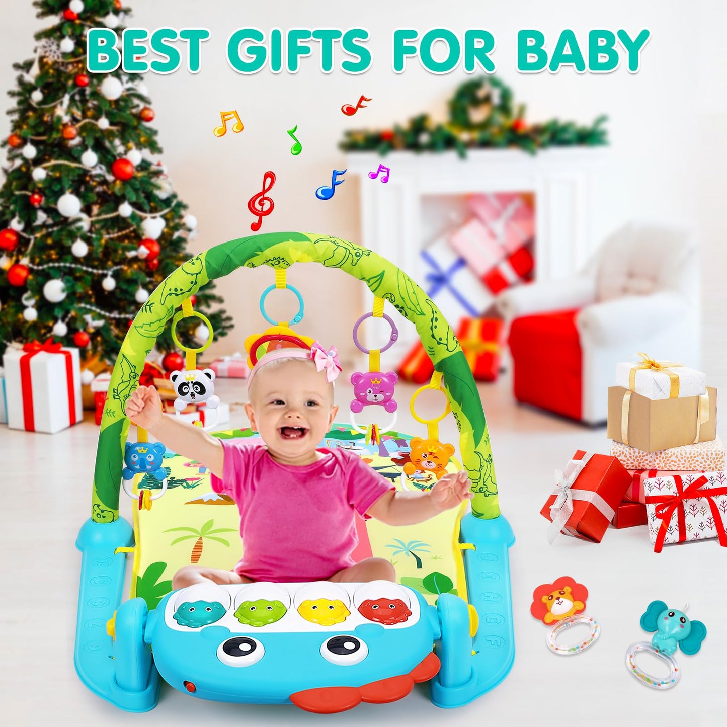 UMIKU Baby Play Mat Baby Tummy Time Mat Activity Center for Newborn Infant Piano Play Gym Mat Music & Light Babies Gifts Boy Girl for Babies 0-6 6-12 Months, Pink Dinosaur