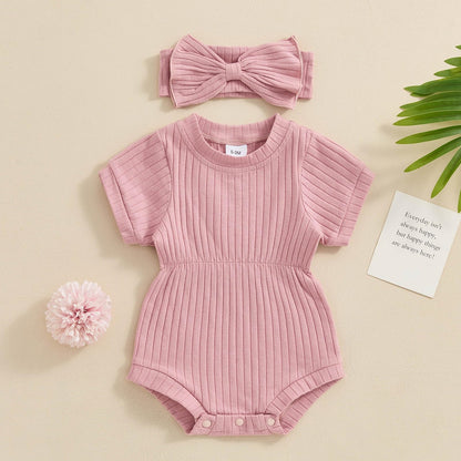 Baby Girl Summer Clothes Ribbed Short Sleeve Romper Solid Color Bodysuits Bow Headband Outfit Newborn Girl Jumpsuit