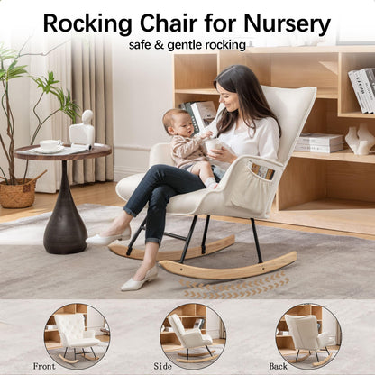 Rocking Chair for Nursery, Comfy Velvet Fabric Glider Rocker, Reading Chair with Support Seating and Side Pockets, Rocking Recliner Chair for Living Room, Bedroom, Balcony, Creamy Beige