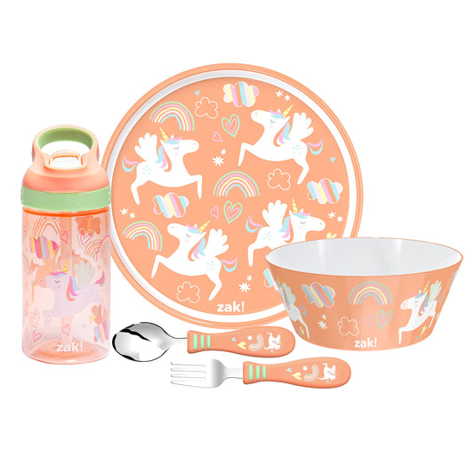 Zak Designs 5-Piece Dinnerware Set, Baby Shark - Durable Plastic & Stainless Steel - Includes Water Bottle, 8-Inch Plate, 6-Inch Bowl, Fork & Spoon - Suitable for Kids Ages 3+